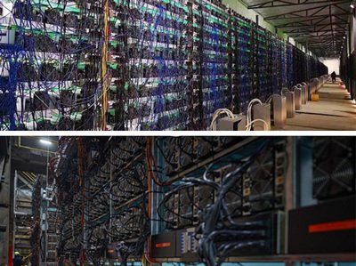 Aerial view of a large-scale cryptocurrency mining farm in the United States